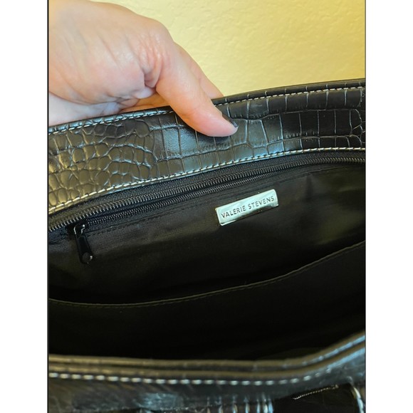 Valerie Stevens Bling Rhinestone Faux Croc Embossed Black Satchel Bag - Picture 8 of 13
